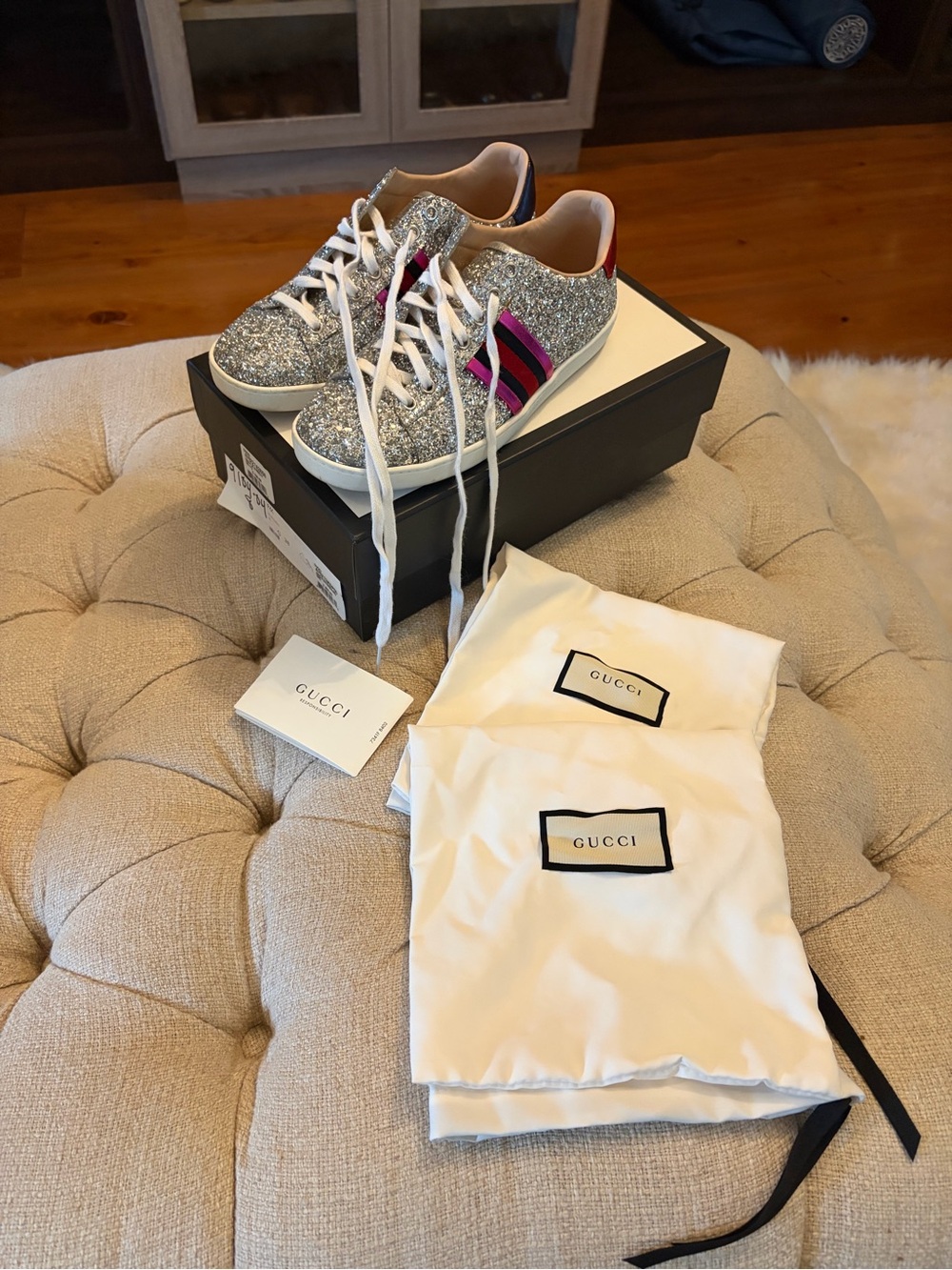 Gucci Silver Glitter Low-Top Sneakers with Pink and Black Stripe